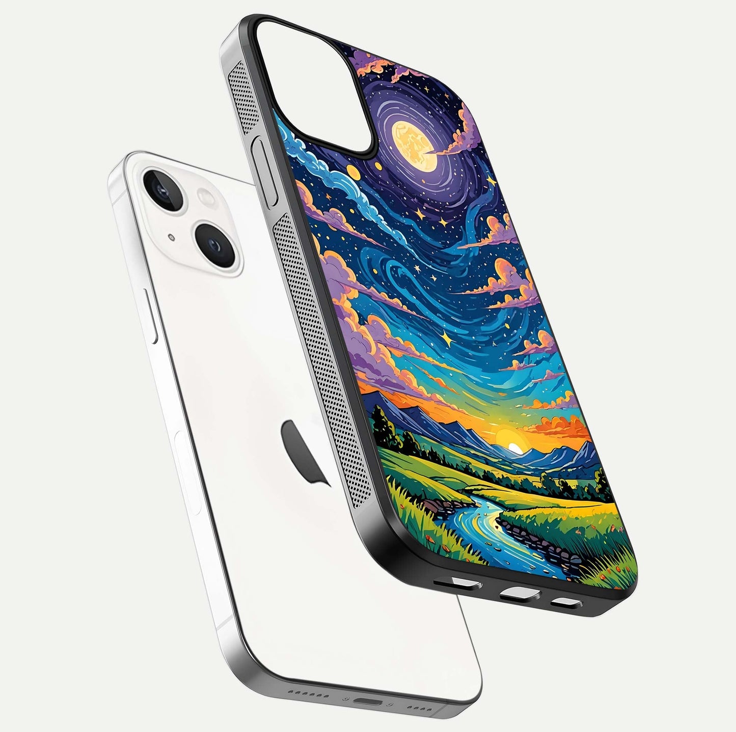 Dreamy Night Landscape Glass Case for iPhone 13 floating mockup showing glossy depth and serene color