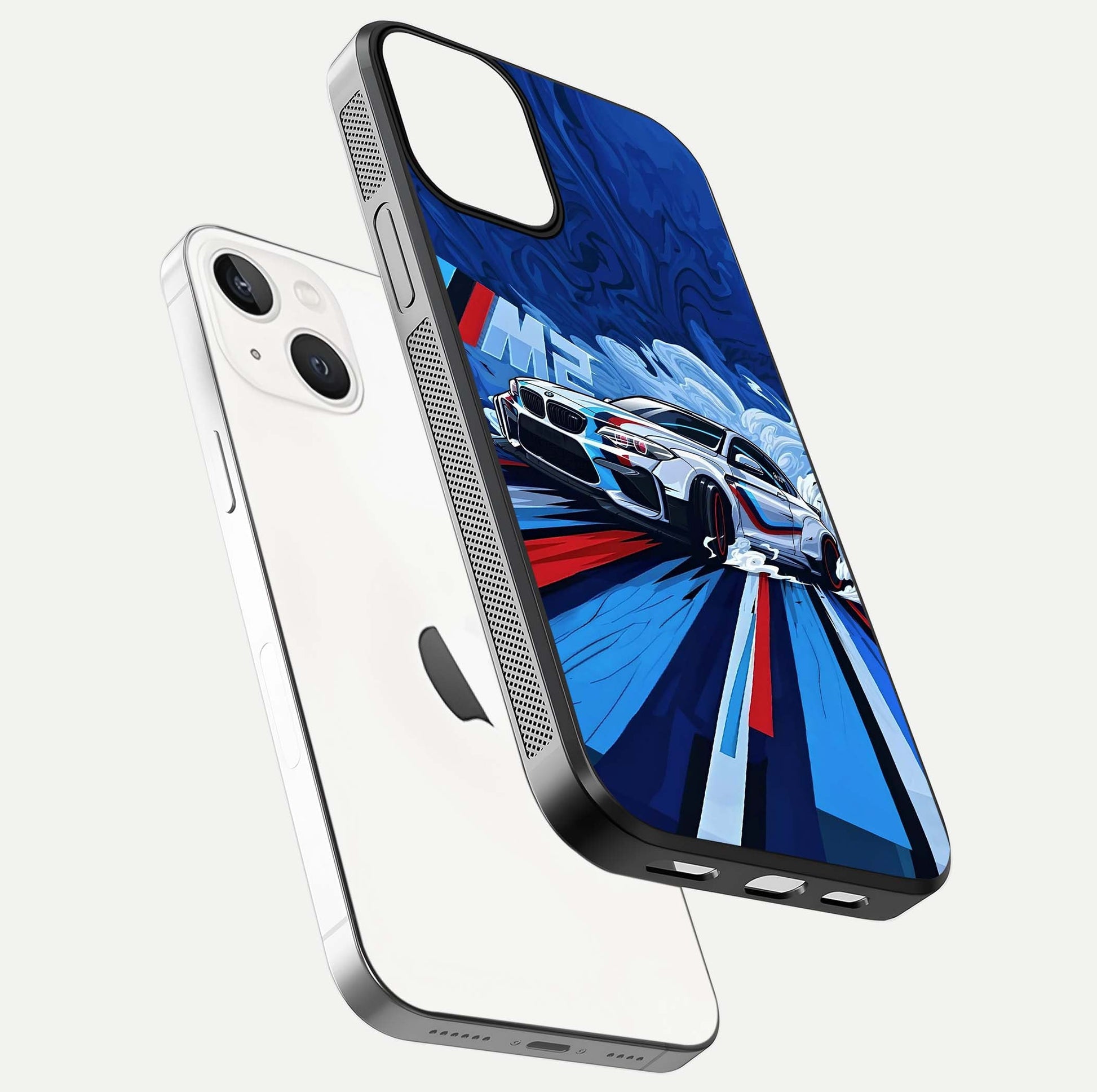 Drift Power Rush Glass Case for iPhone 13 floating mockup showing gloss polish and speed-theme design