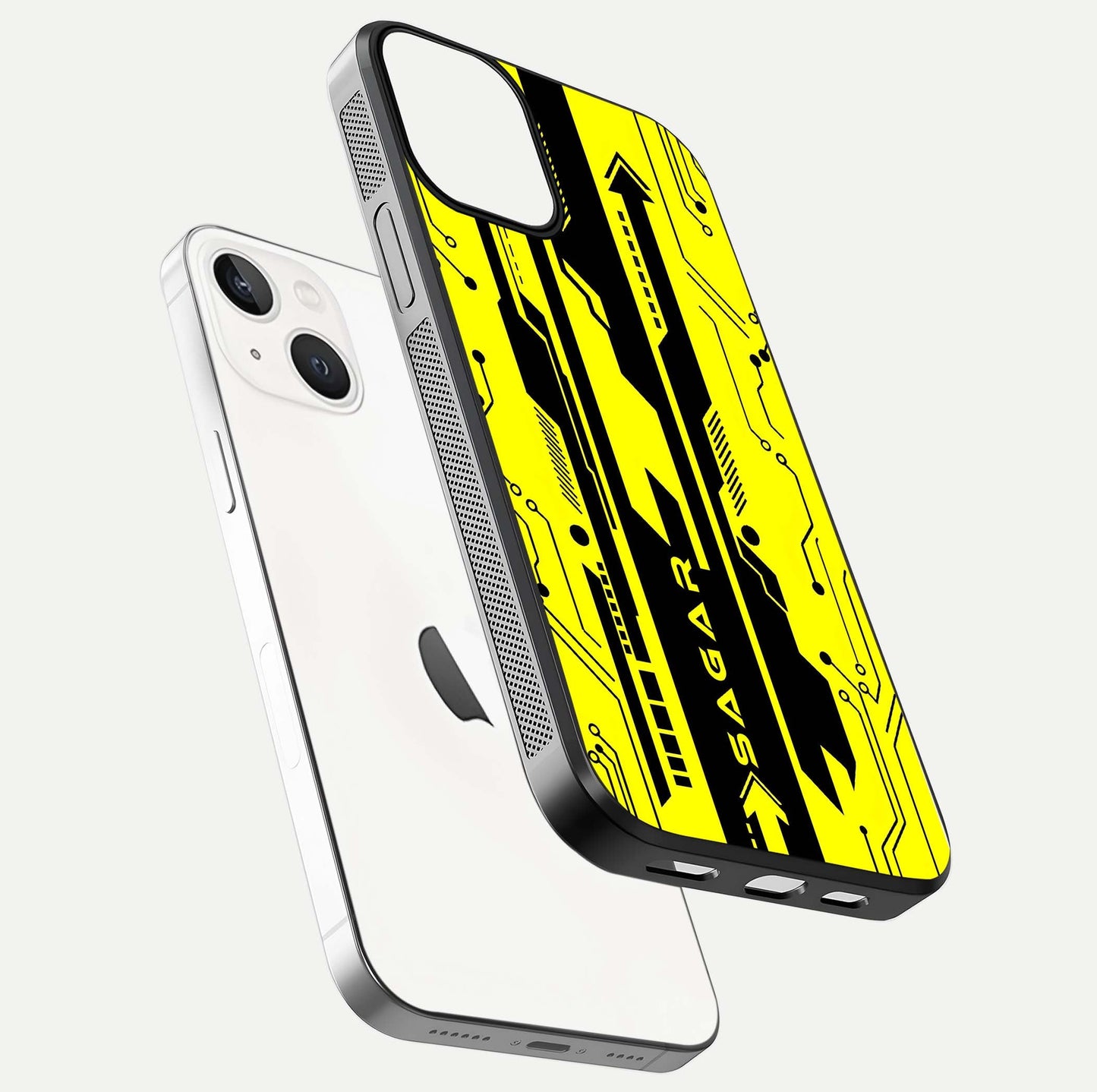 Electric Pulse CYBERPUNK Custom Name Glass Case for iPhone 13 floating mockup showing HD gloss and vibrant cyberpunk glow