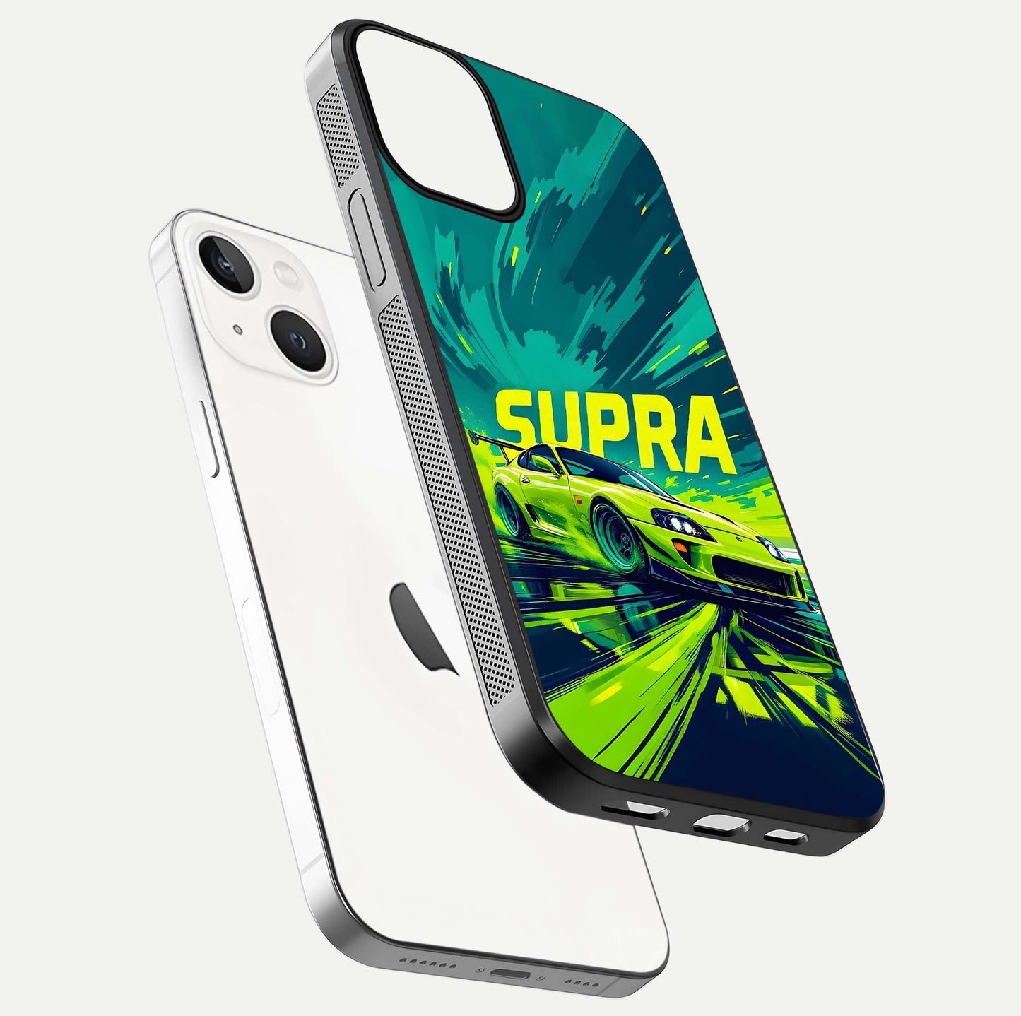Electric Supra Thunder Glass Case for iPhone 13 floating mockup showing gloss depth and energy glow