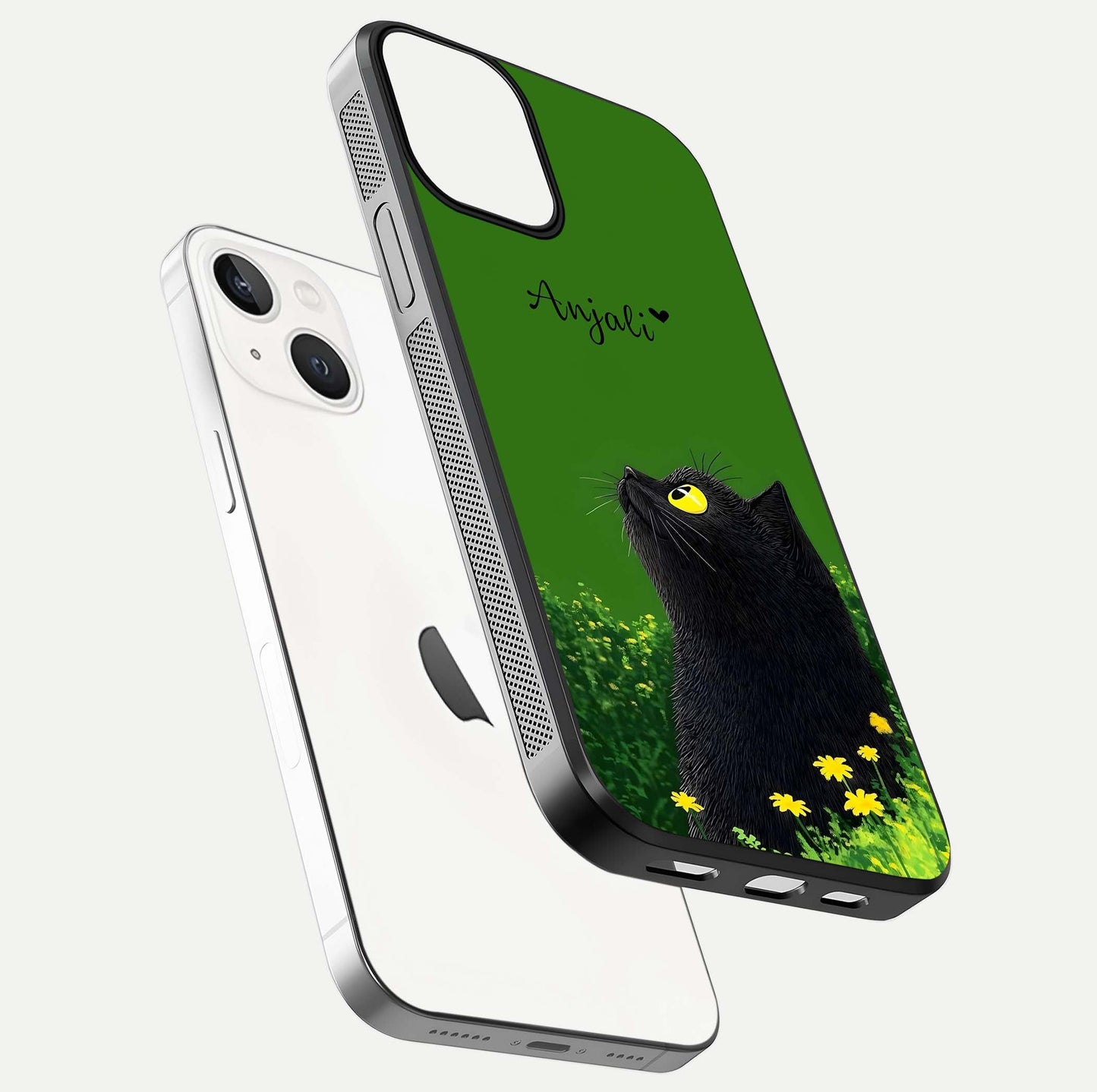Emerald Cat Custom Name Glass Case for iPhone 13 floating mockup showing HD gloss and soft gradient