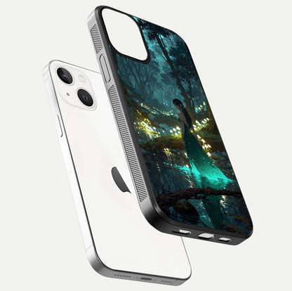Enchanted Forest Glow Glass Case for iPhone 13 floating mockup showing gloss polish and fantasy vibe