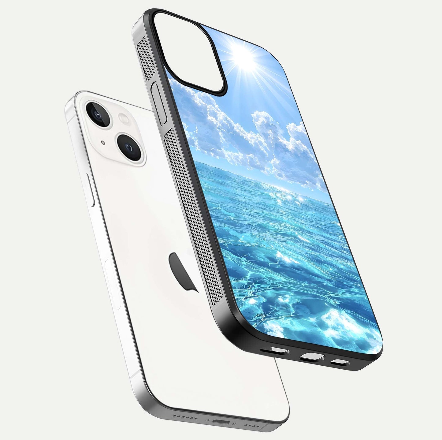 Endless Ocean Horizon Glass Case for iPhone 13 floating mockup showing HD gloss and tranquil color