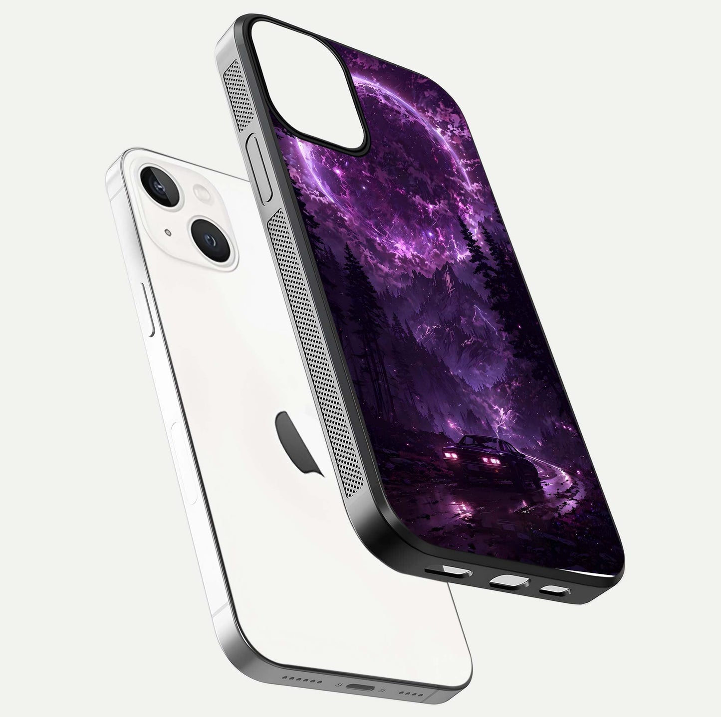 Eternal Cosmic Drive Glass Case for iPhone 13 floating mockup showing glossy polish and vivid glow
