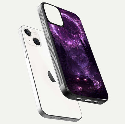 Eternal Cosmic Drive Glass Case for iPhone 13 floating mockup showing glossy polish and vivid glow