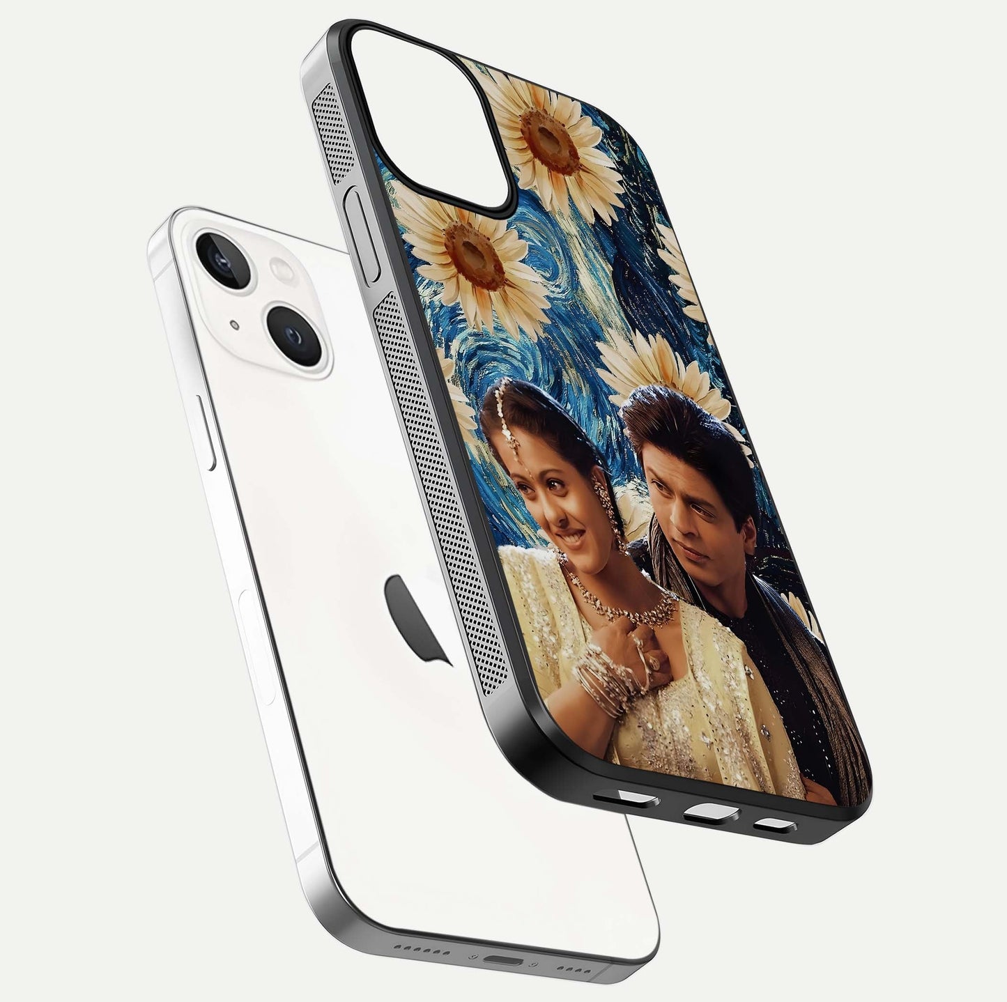 Eternal Love Story Glass Case for iPhone 13 floating mockup showing glossy shine and romantic tone