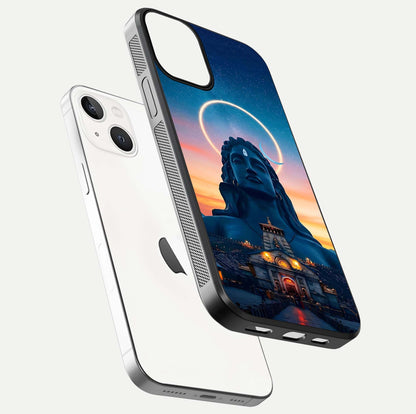 Eternal Shiva Aura Glass Case for iPhone 13 floating mockup showing gloss texture and spiritual glow