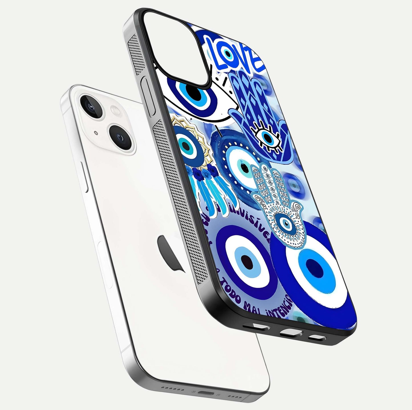 Evil Eyes Dream Glass Case for iPhone 13 floating mockup showing glossy shine and elegant pattern clarity