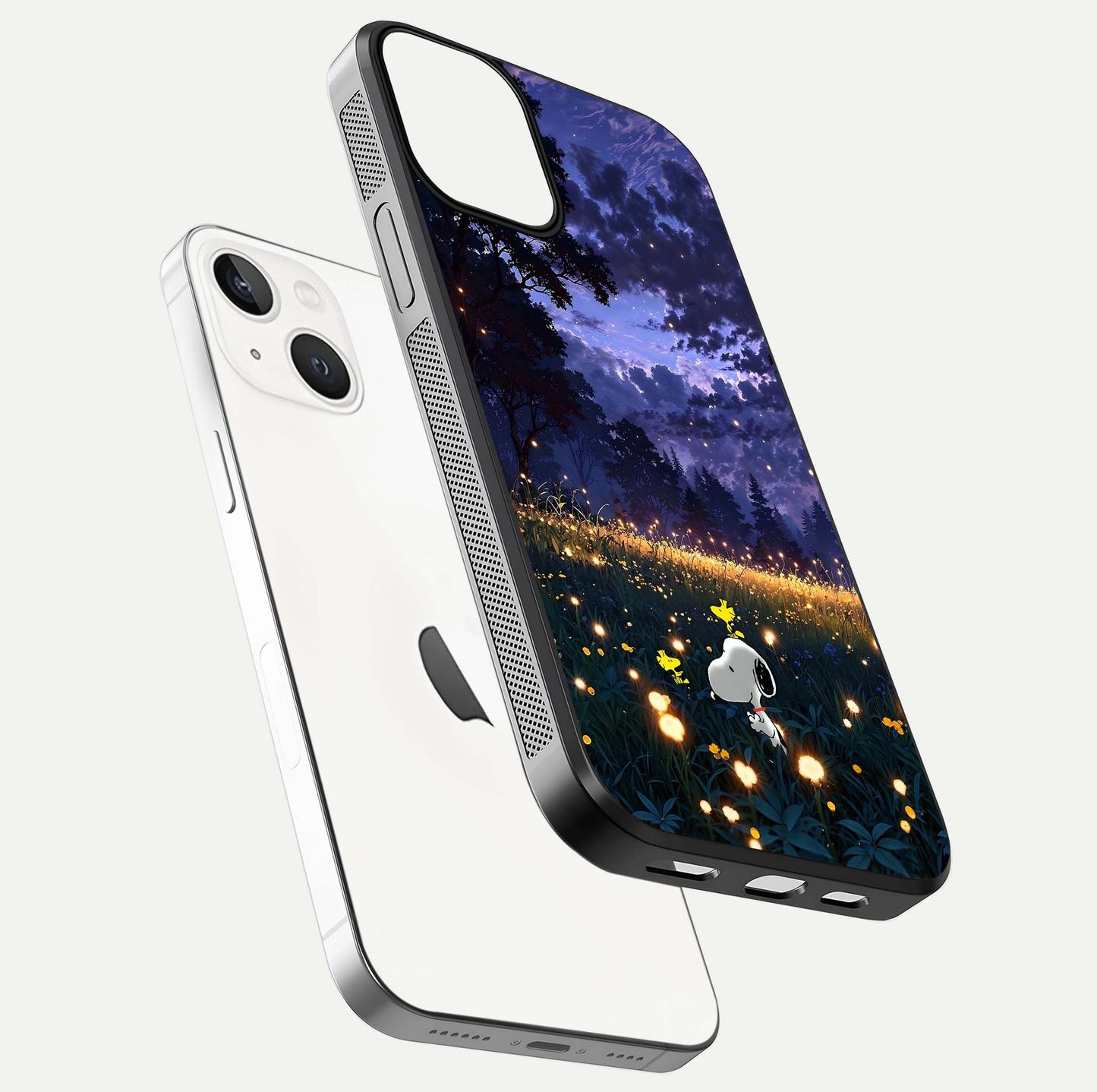 Firefly Meadow Magic Glass Case for iPhone 13 floating mockup showing gloss polish and magical night hues