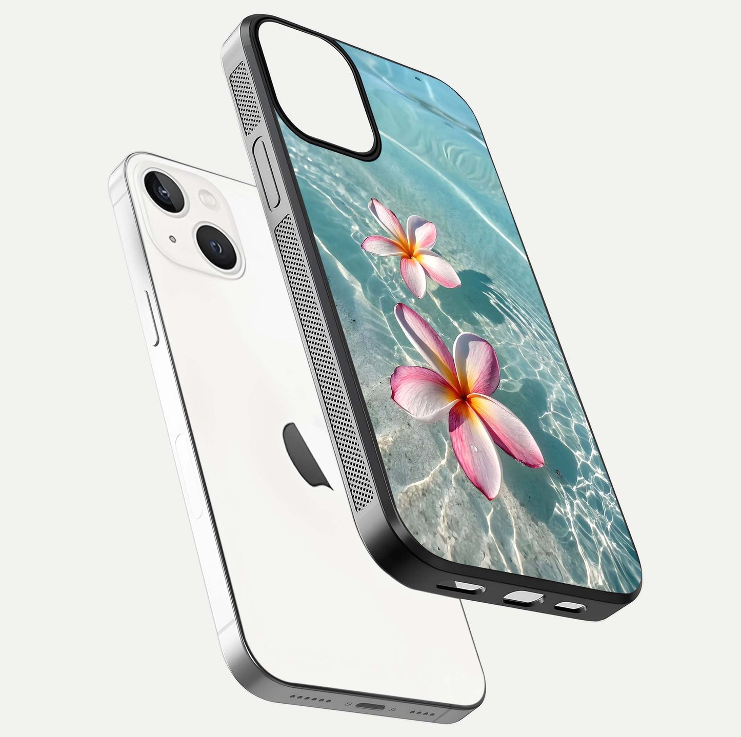 Floating Bloom Bliss Glass Case for iPhone 13 floating mockup showing HD gloss shine and floral texture