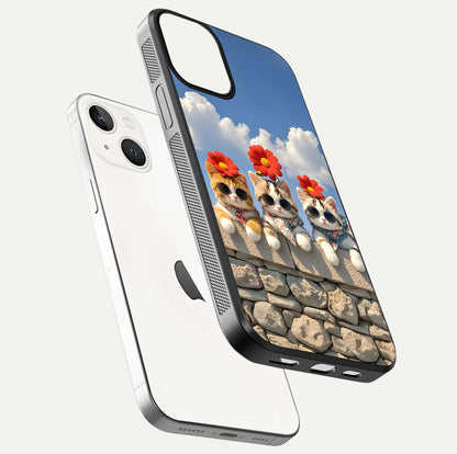 Floral Kitty Squad Glass Case for iPhone 13 floating mockup showing gloss texture and playful charm
