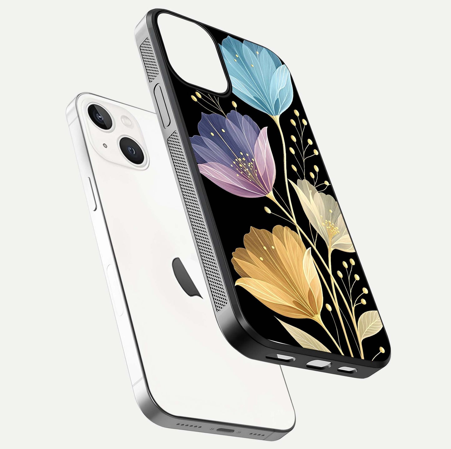 Flower Bloom Glow Glass Case for iPhone 13 floating mockup showing HD shine and artistic detail