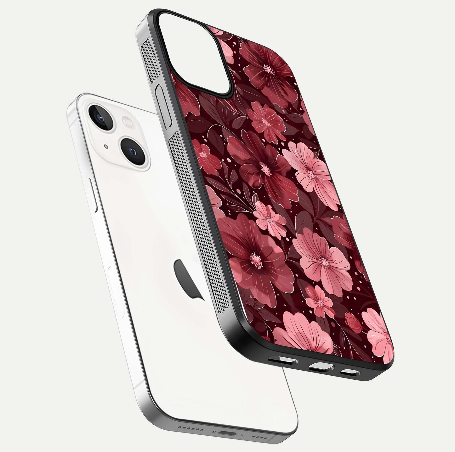 Flower Blush Bloom Glass Case for iPhone 13 floating mockup showing shine polish and elegant look