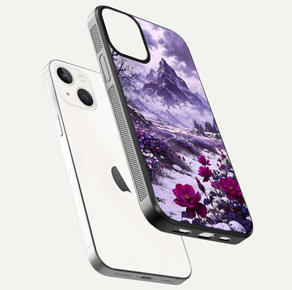Flower Mountain View Glass Case for iPhone 13 floating mockup showing reflection glow and artistic clarity