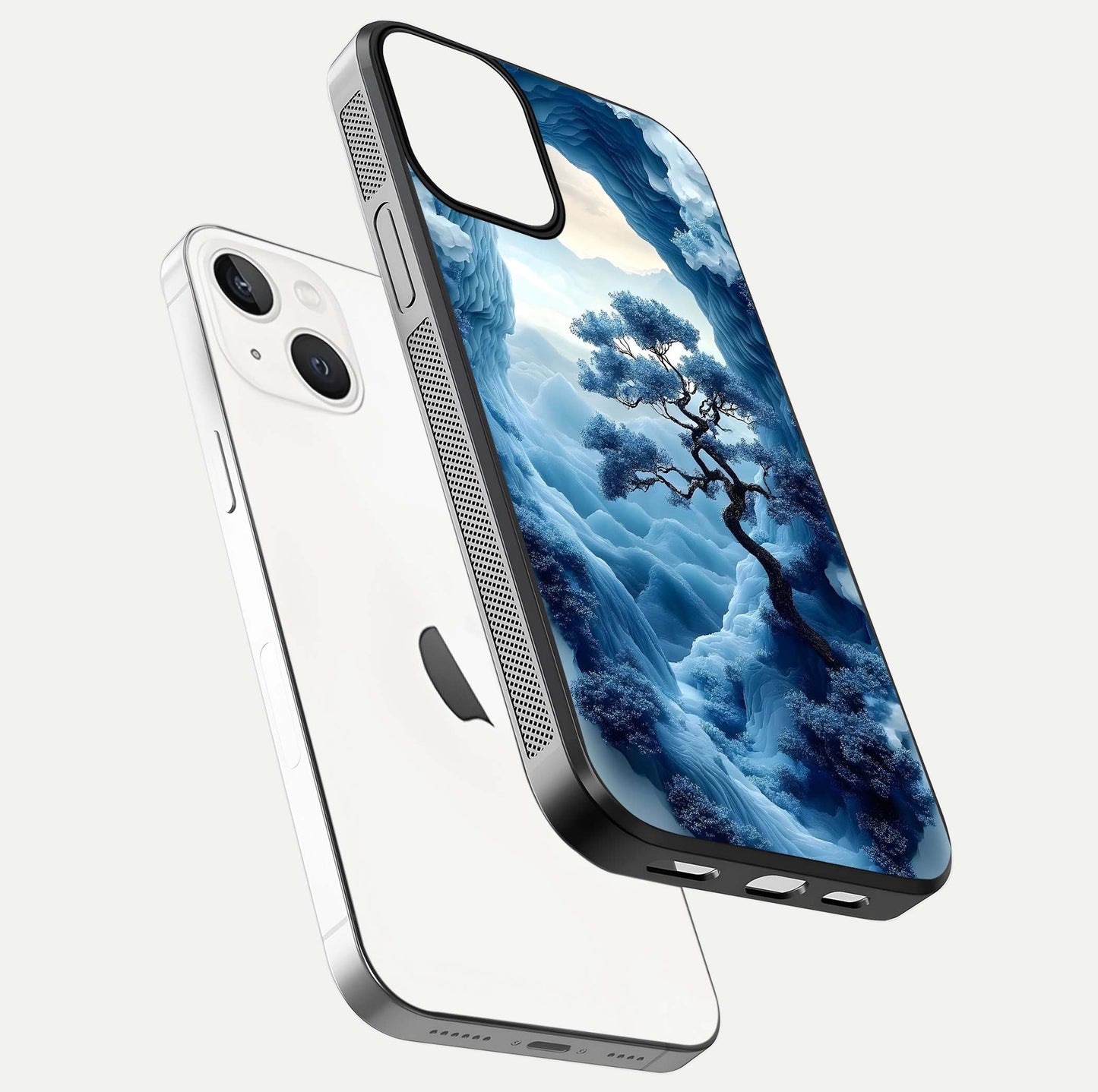 Frozen Serenity Gate Glass Case for iPhone 13 floating mockup showing glossy depth and crystal glow