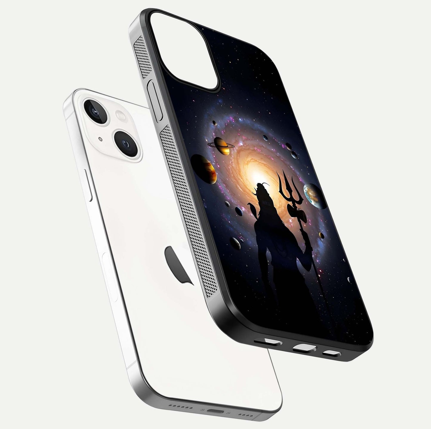 Galactic Shiva Vision Glass Case for iPhone 13 floating dual-view mockup displaying vibrant cosmic colors and smooth gloss texture