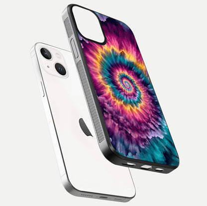Galactic Spiral Burst Glass Case for iPhone 13 floating dual-view mockup displaying light trails and smooth gloss shine