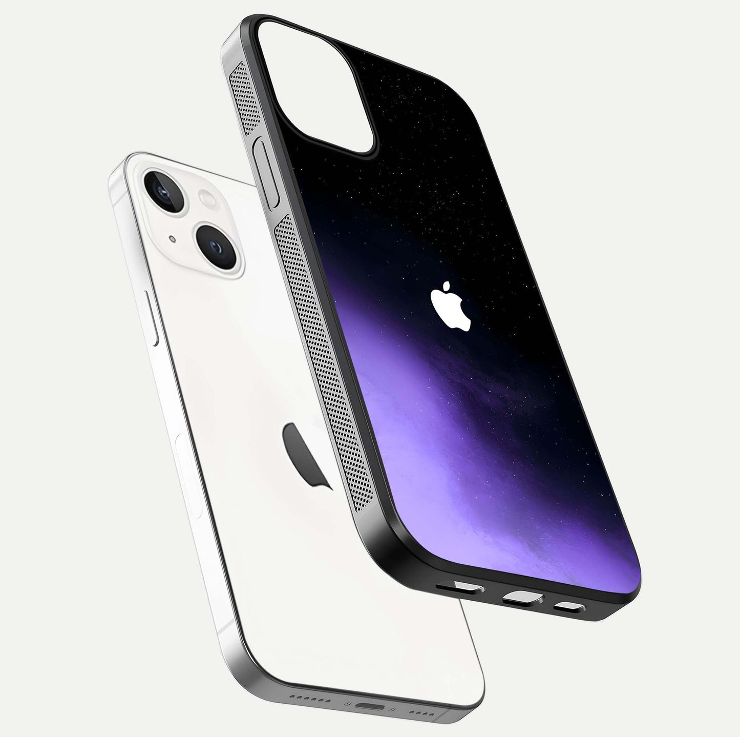 Galaxy Apple Aura Glass Case for iPhone 13 floating dual-view mockup highlighting HD gloss and deep space color blend