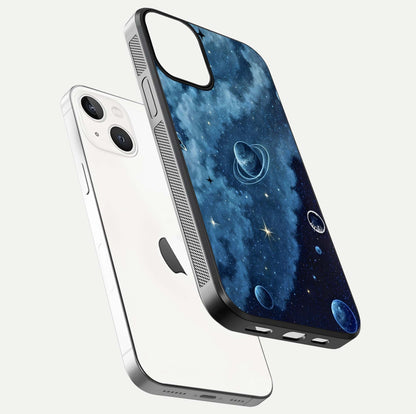 Galaxy Dream Space Glass Case for iPhone 13 floating dual-view mockup showing glossy finish and celestial depth