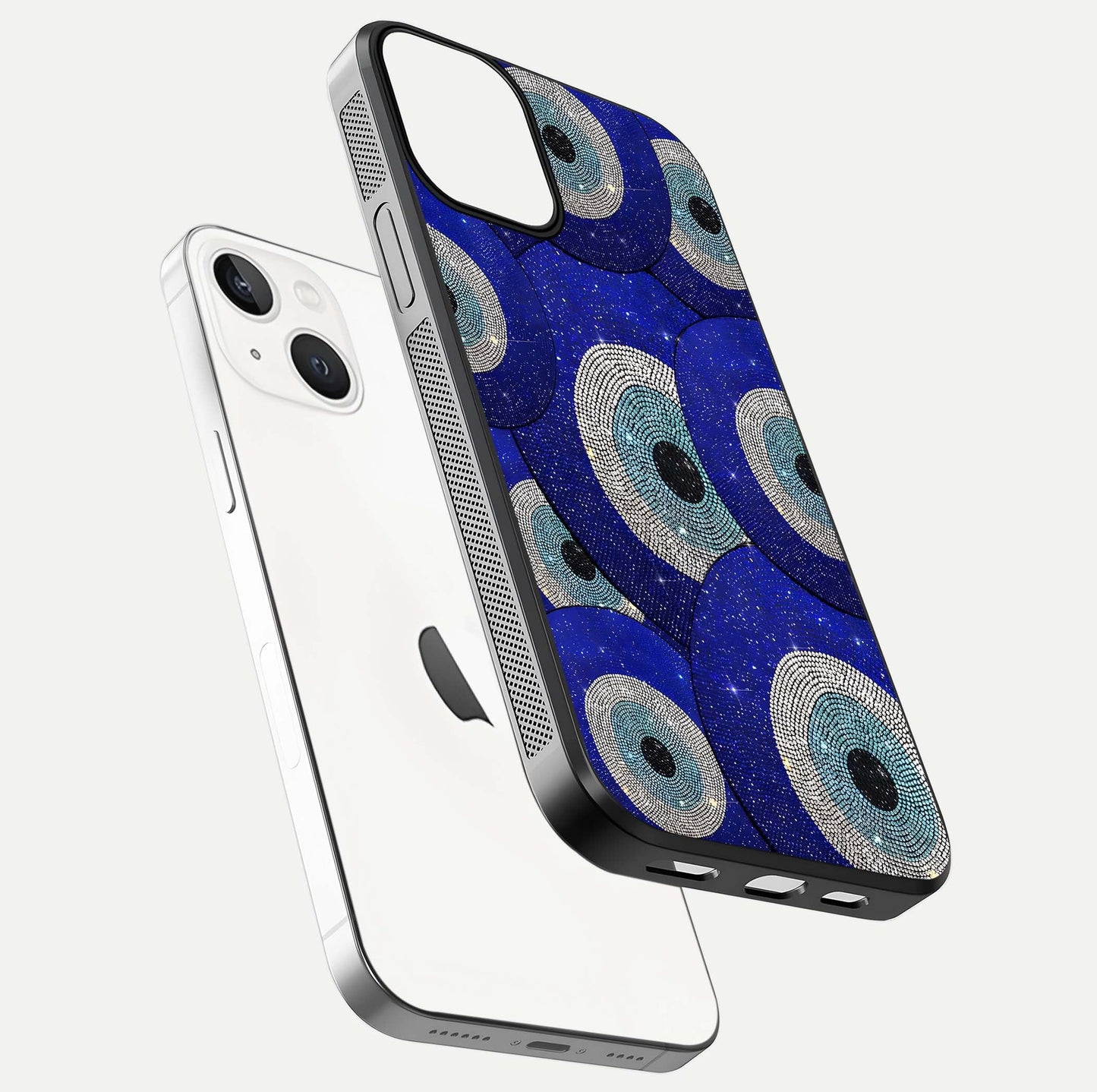 Galaxy Eye Flow Glass Case for iPhone 13 floating dual-view mockup showing gloss polish and glowing tones