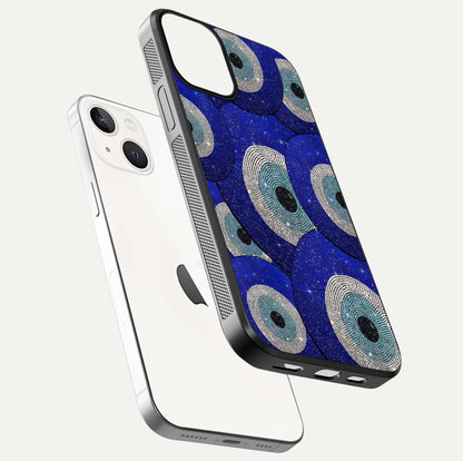 Galaxy Eye Flow Glass Case for iPhone 13 floating dual-view mockup showing gloss polish and glowing tones