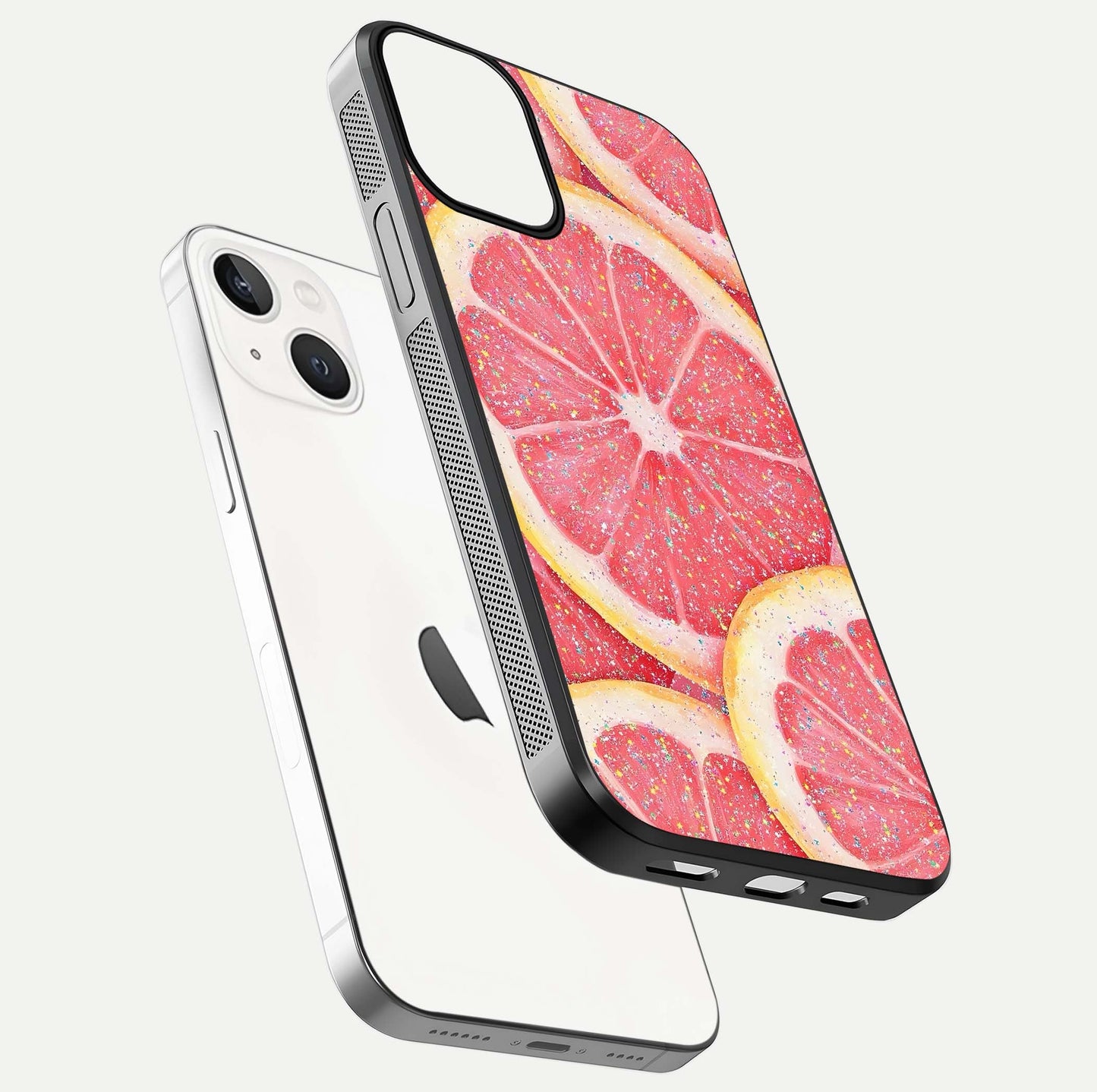 Glitter Grapefruit Glass Case for iPhone 13 floating dual-view mockup showing HD gloss and fresh color detail