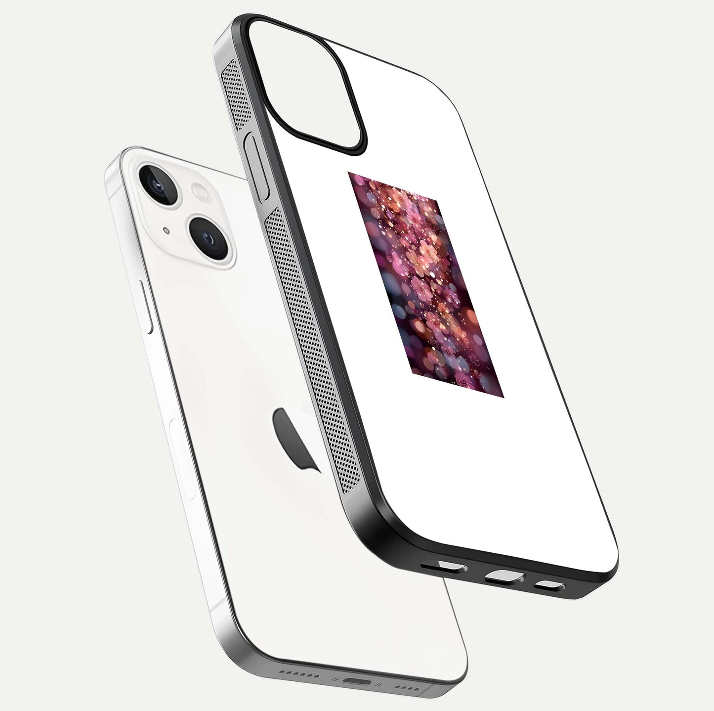 Glowing Petal Bliss Glass Case for iPhone 13 floating dual-view mockup showing gloss brightness and delicate tone