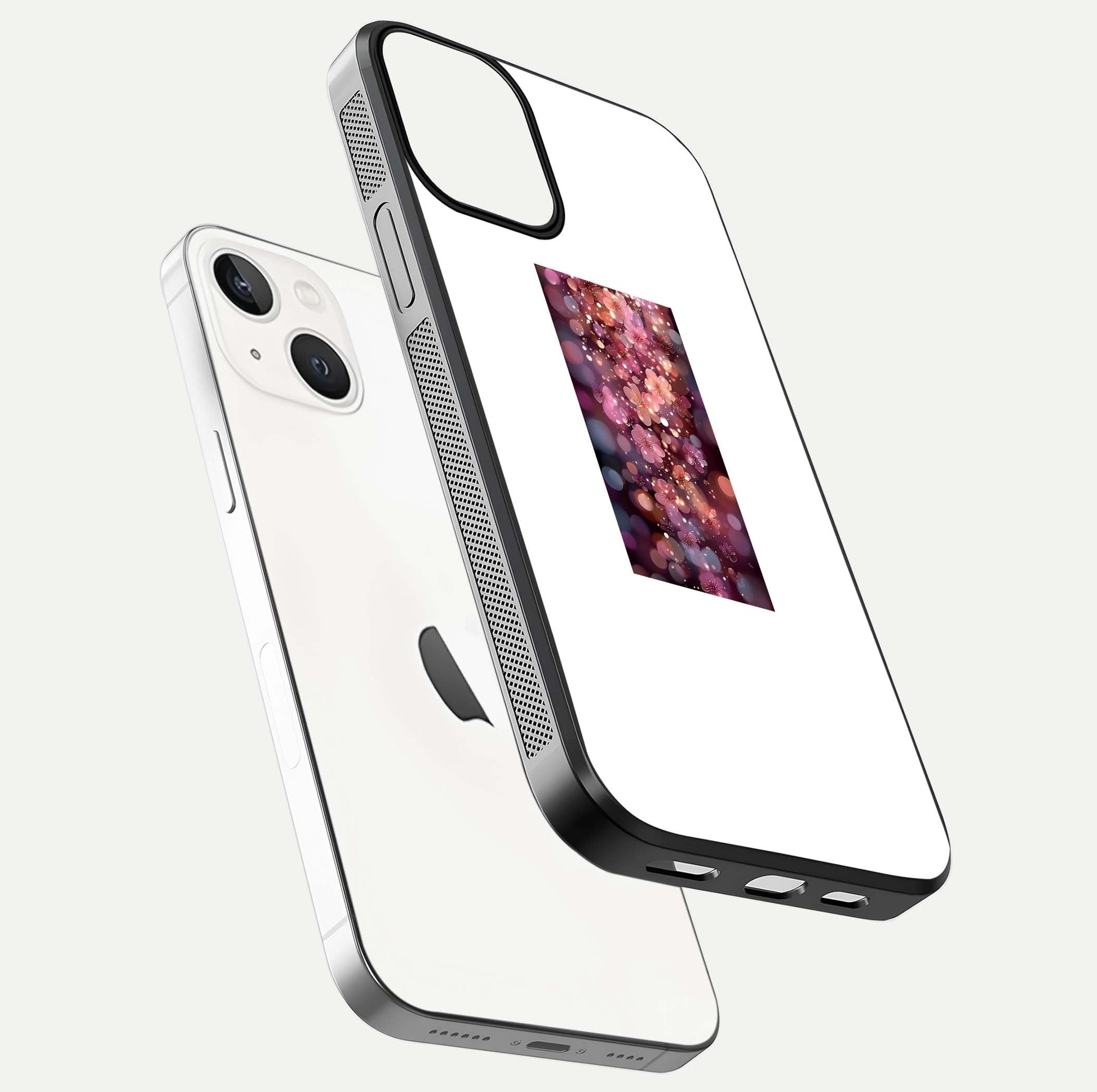 Glowing Petal Bliss Glass Case for iPhone 13 floating dual-view mockup showing gloss brightness and delicate tone