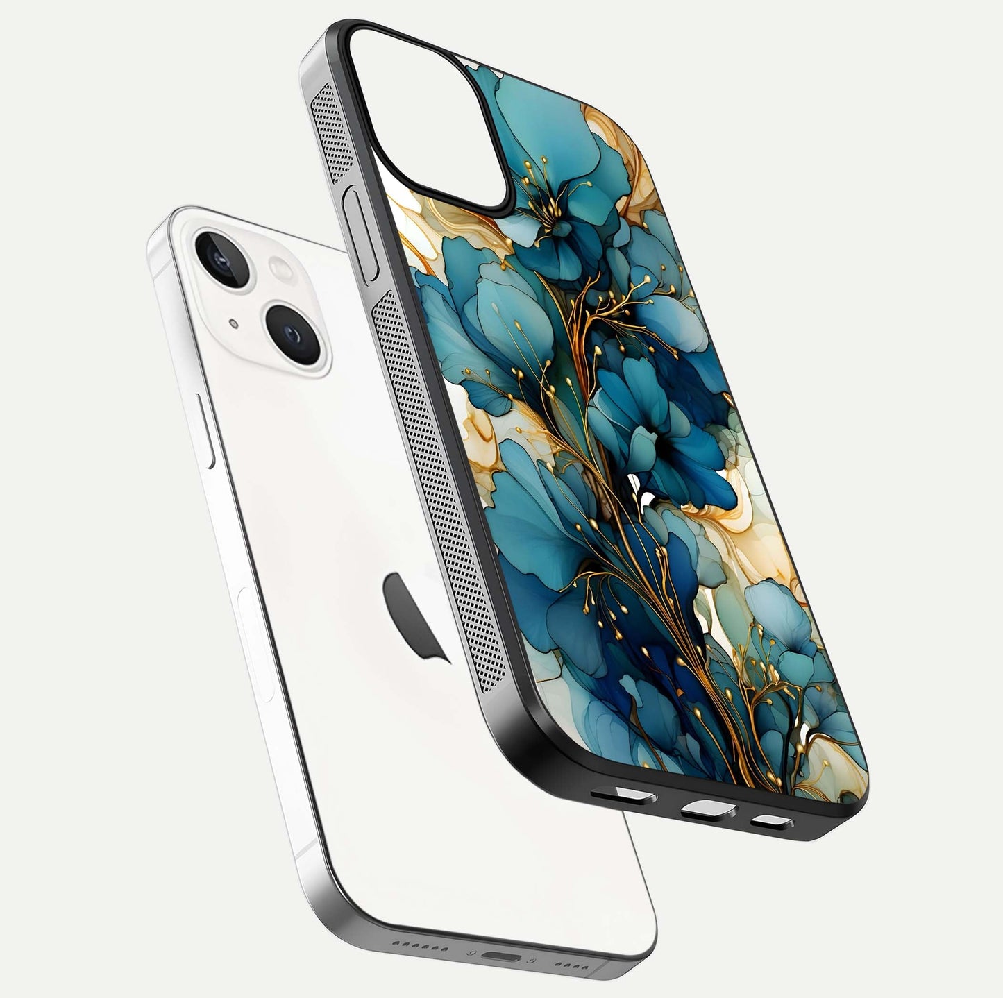 Golden Bloom Symphony Glass Case for iPhone 13 floating dual-view mockup displaying shine texture and luxury pattern
