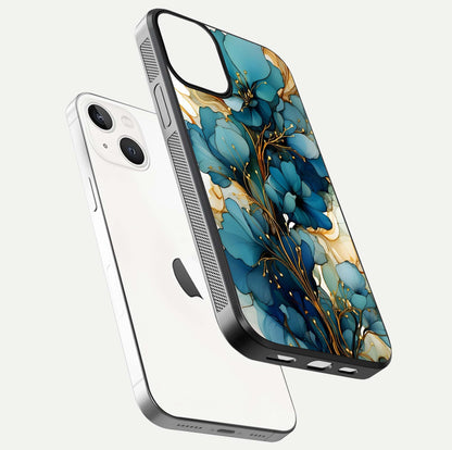 Golden Bloom Symphony Glass Case for iPhone 13 floating dual-view mockup displaying shine texture and luxury pattern