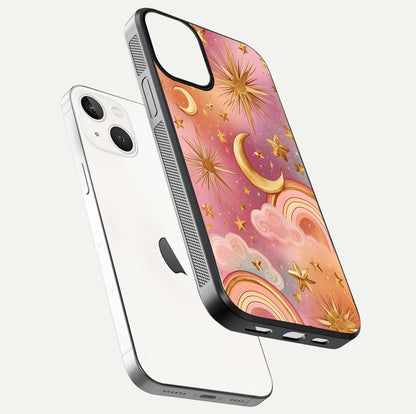 Golden Celestial Dreams Glass Case for iPhone 13 floating dual-view mockup showing gloss surface and dream-like glow