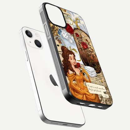 Golden Dream Belle Glass Case for iPhone 13 floating dual-view mockup highlighting gloss texture and elegant shimmer