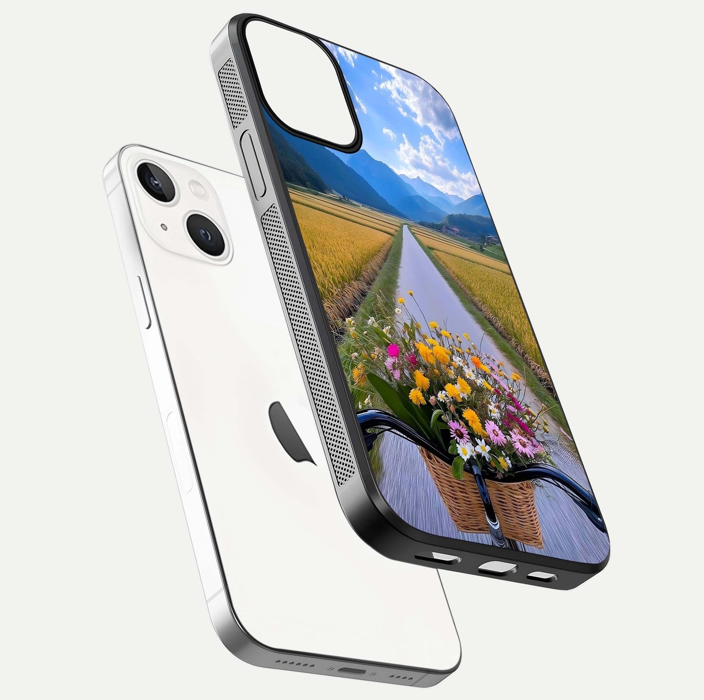 Golden Field Journey Glass Case for iPhone 13 floating dual-view mockup showing gloss surface and field depth