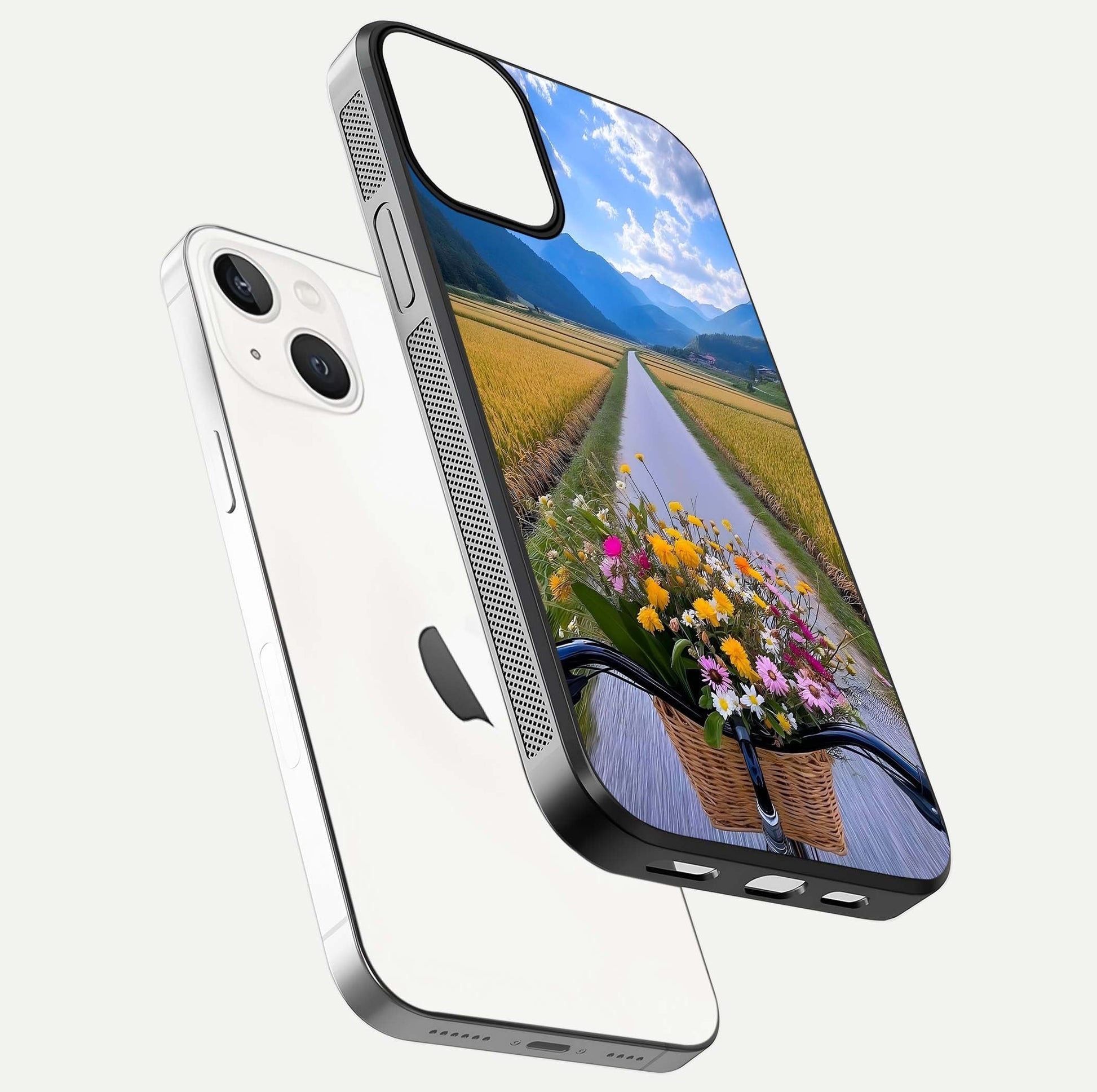 Golden Field Journey Glass Case for iPhone 13 floating dual-view mockup showing gloss surface and field depth