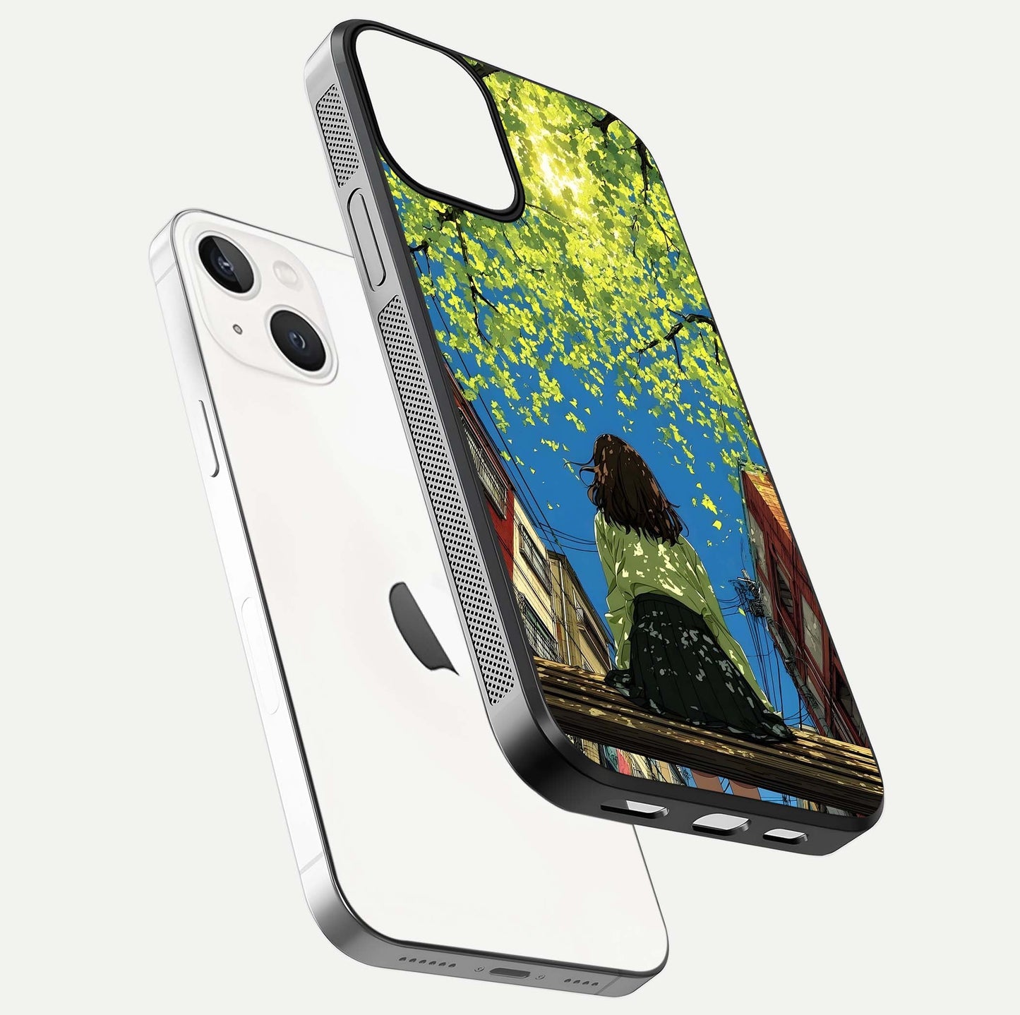 Golden Leaves Glow Glass Case for iPhone 13 floating dual-view mockup showing gloss depth and gold-leaf detail