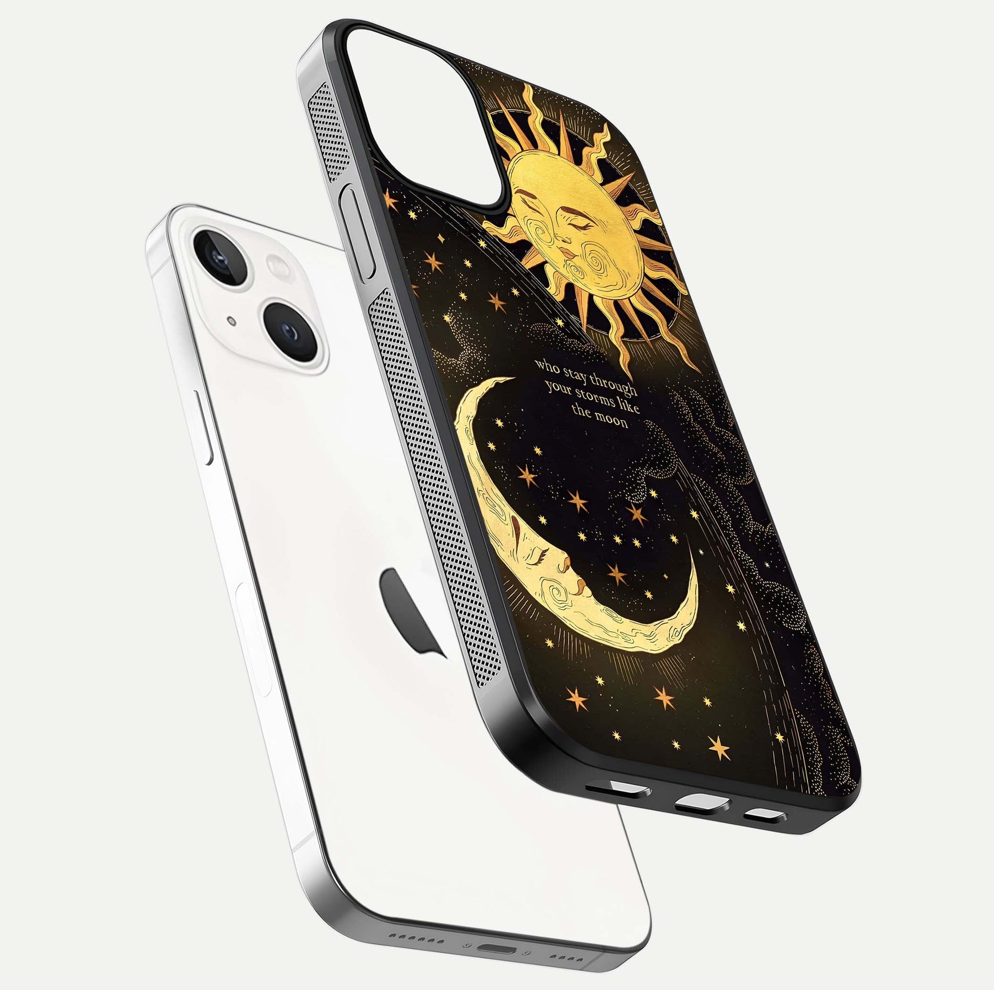 Golden Lunar Love Glass Case for iPhone 13 floating dual-view mockup showing glossy glow and romantic theme