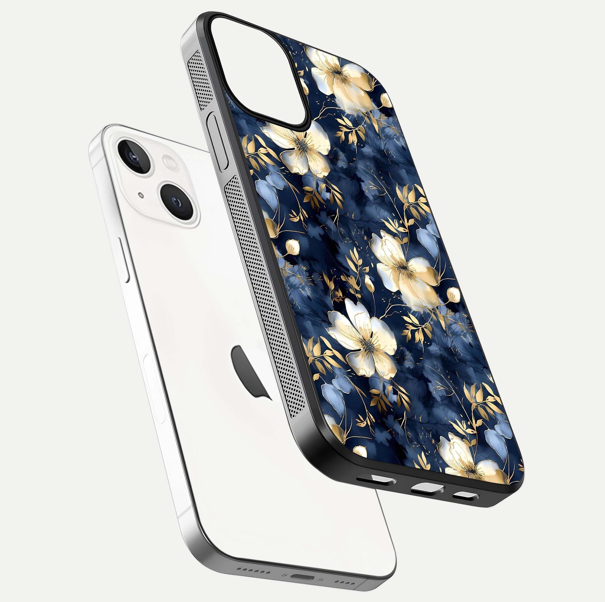 Golden Midnight Bloom Glass Case for iPhone 13 floating dual-view mockup showing gloss polish and metallic reflection