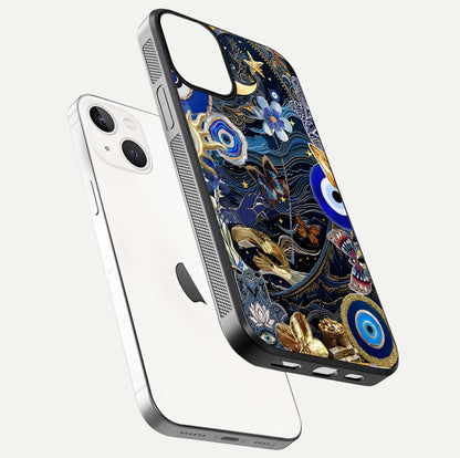 Golden Moon Magic Glass Case for iPhone 13 floating dual-view mockup showing gloss texture and golden illumination