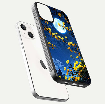 Golden Night Glow Glass Case for iPhone 13 floating dual-view mockup showing gloss polish and luxury shine