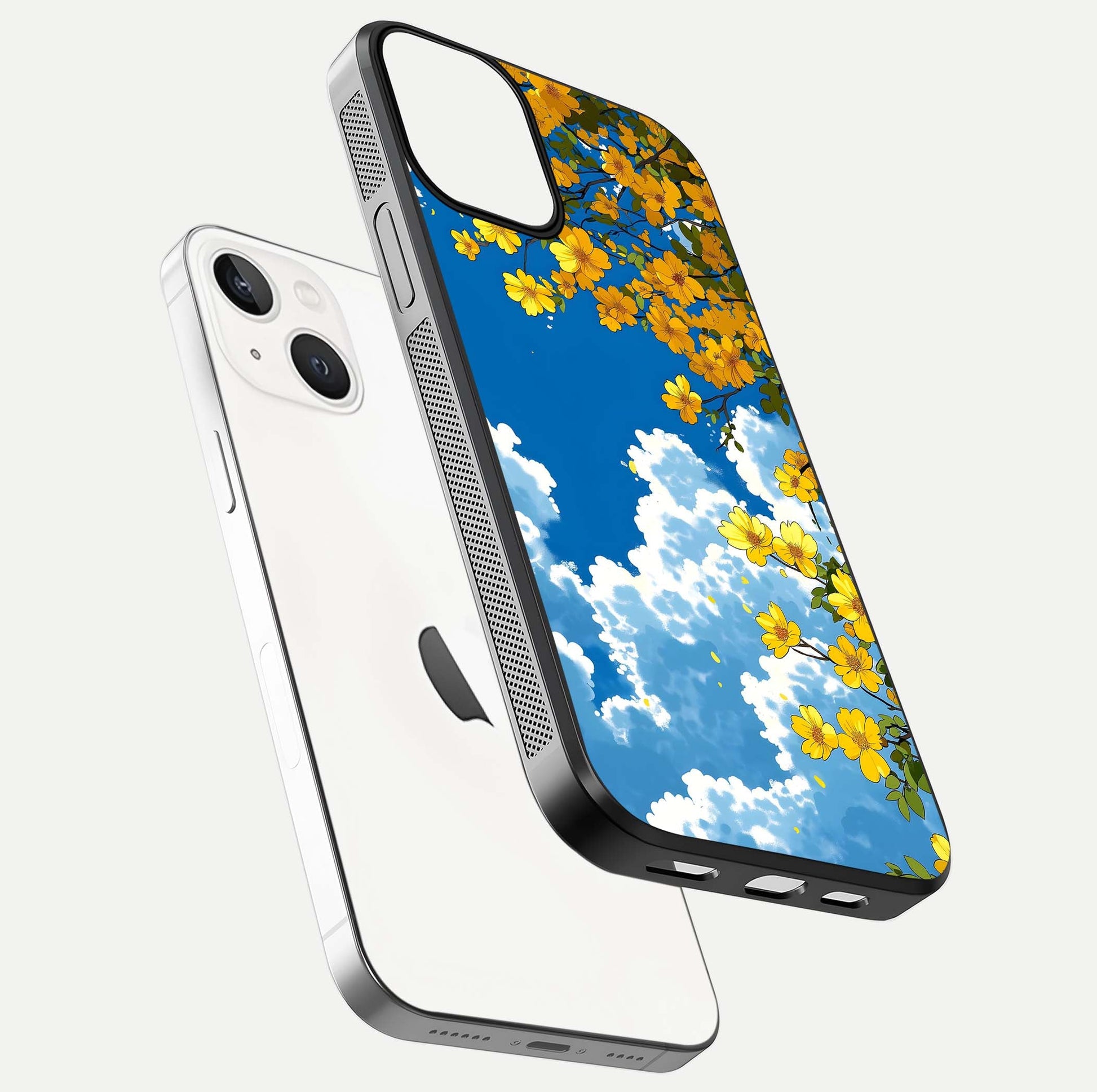 Golden Petal Sky Glass Case for iPhone 13 floating dual-view mockup showing gloss brilliance and gold detail