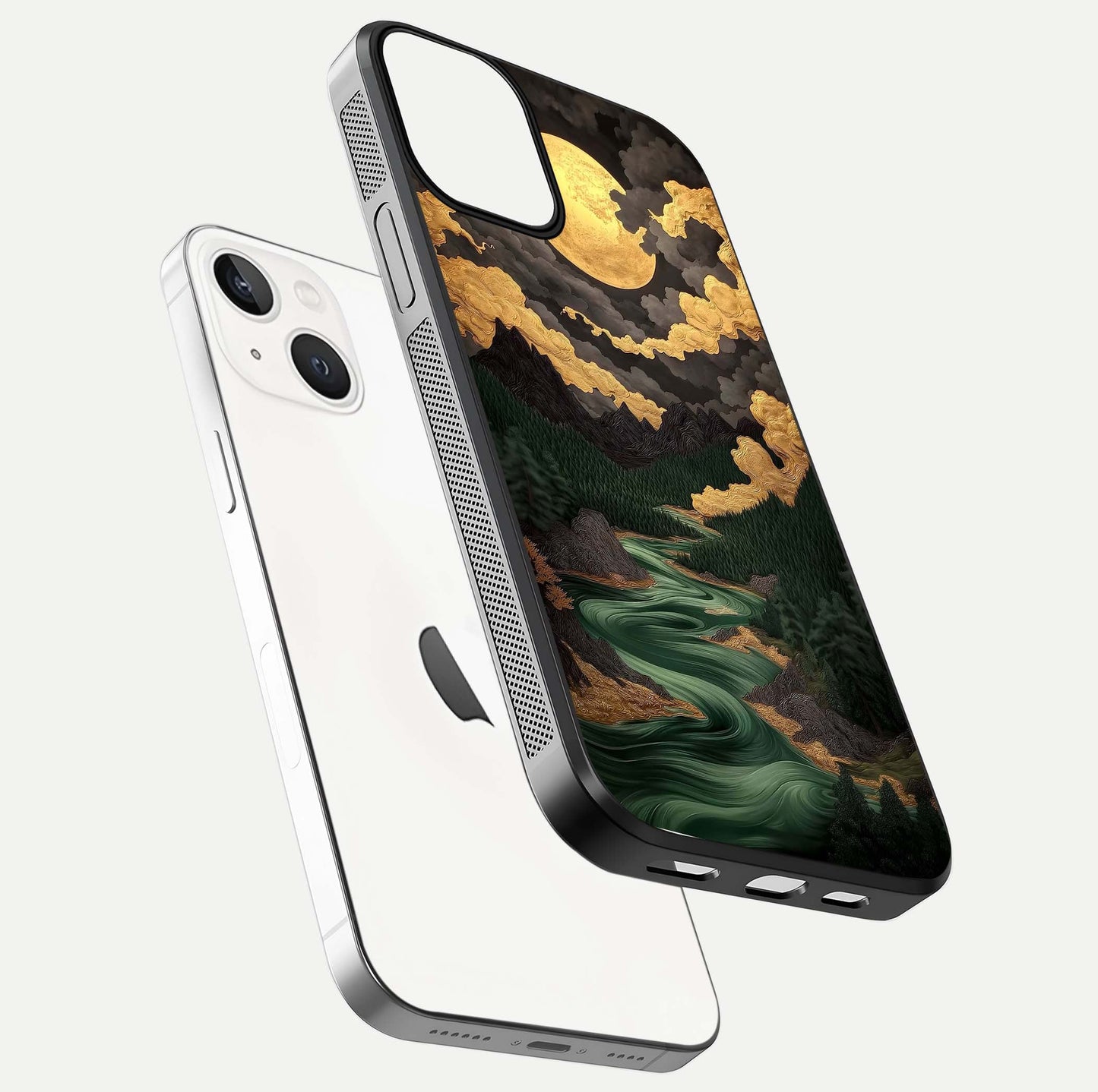 Golden River Moon Glass Case for iPhone 13 floating dual-view mockup showing gloss surface and luxury tone