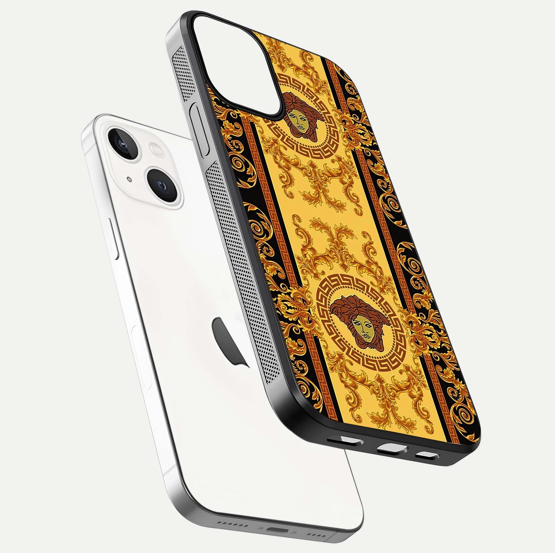 Golden Royal Heritage Glass Case for iPhone 13 floating dual-view mockup showing glossy surface and rich regal tone