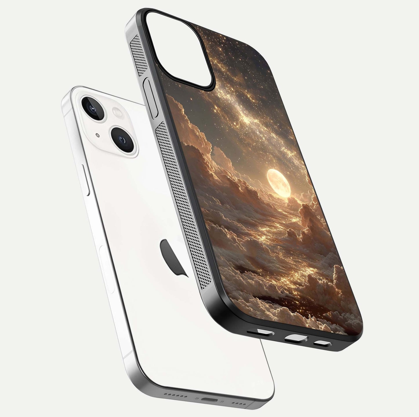 Golden Sky Dream Glass Case for iPhone 13 floating dual-view mockup showing gloss depth and elegant finish