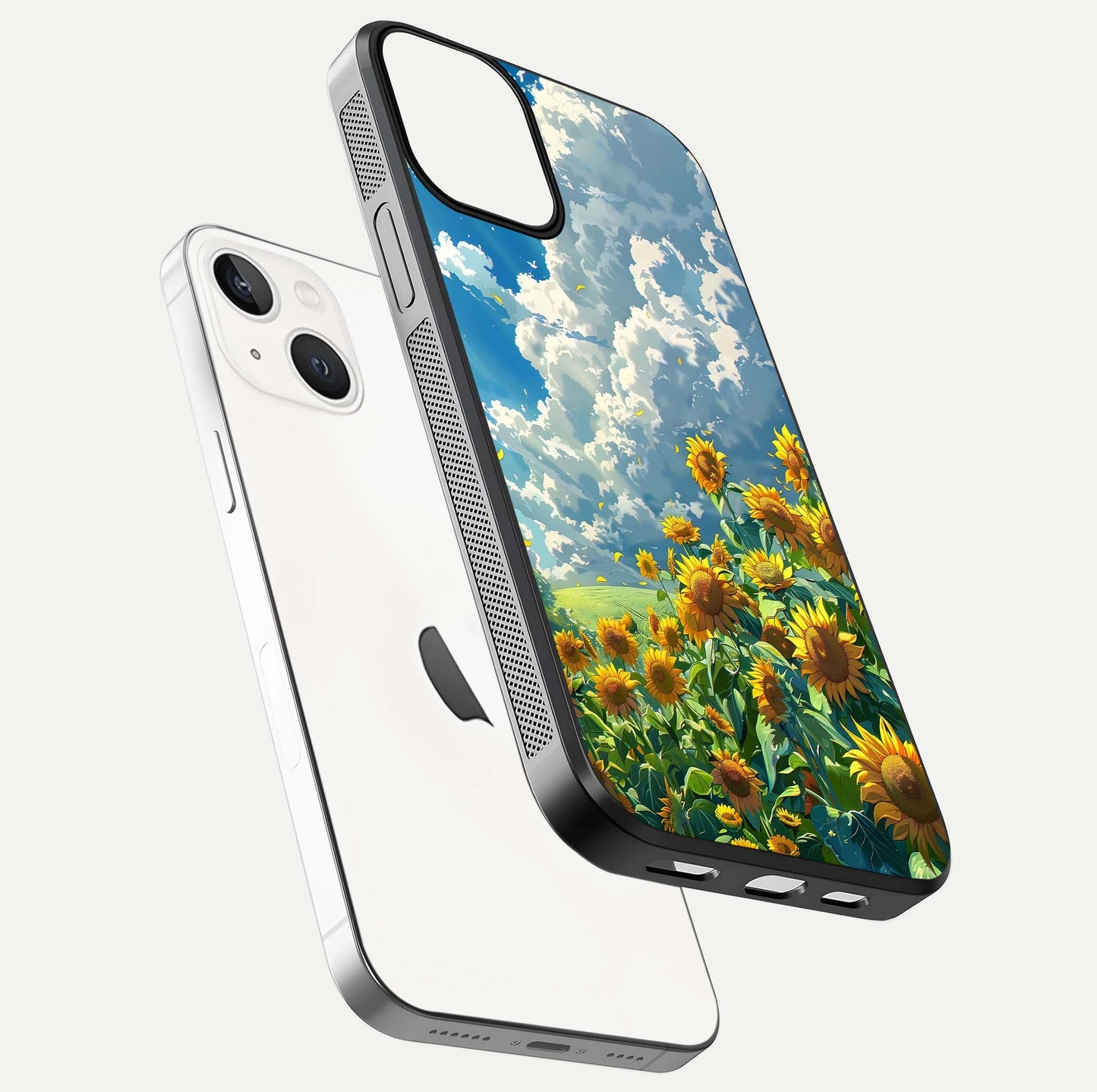 Golden Sun Glory Glass Case for iPhone 13 floating dual-view mockup showing gloss shine and premium surface