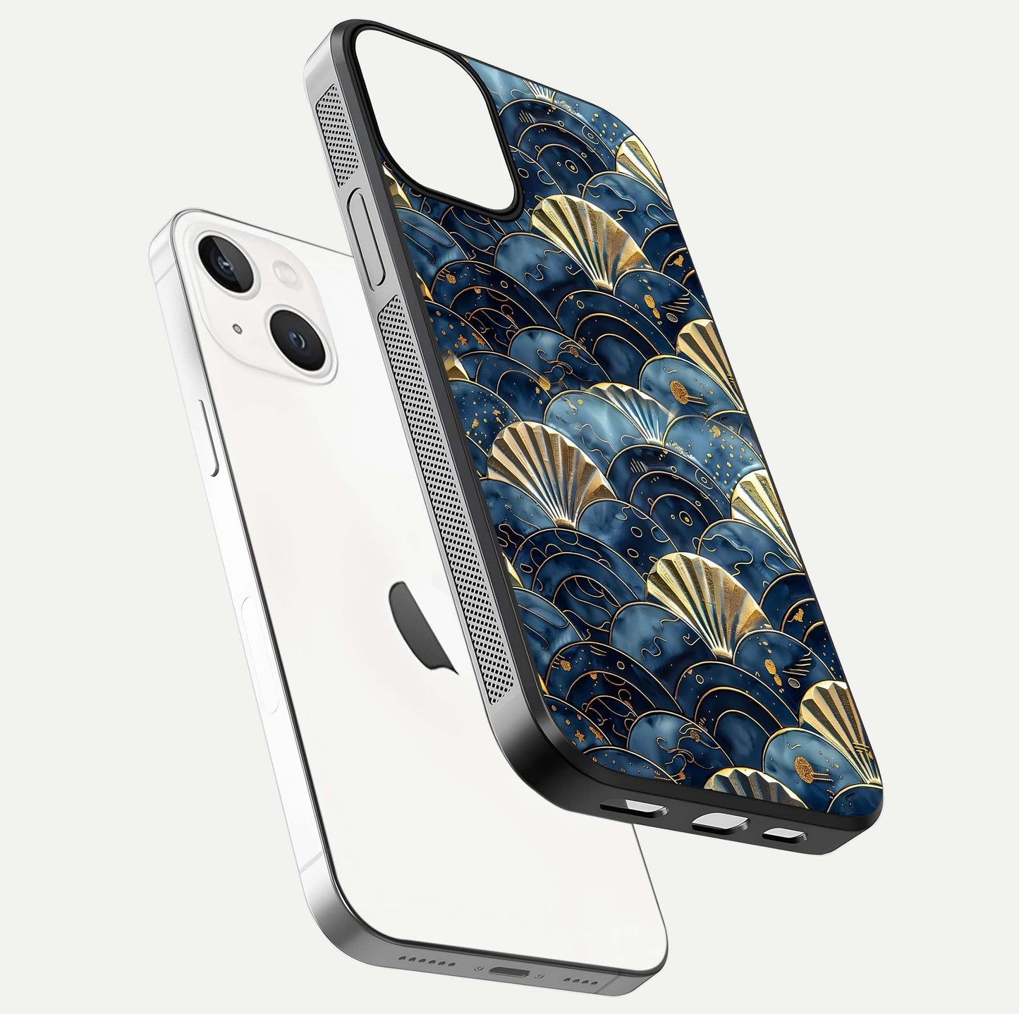 Golden Wave Luxe Glass Case for iPhone 13 floating dual-view mockup showing gloss surface and shimmering tones