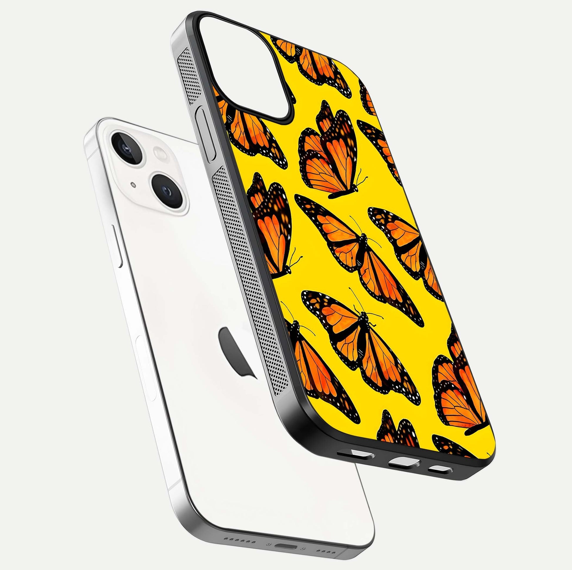 Golden Wing Flight Glass Case for iPhone 13 floating dual-view mockup showing gloss reflection and luxury tone
