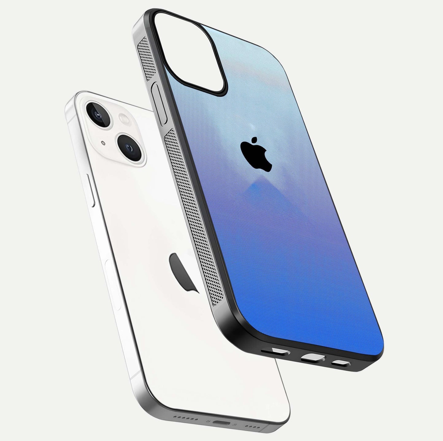 Gradient Apple Vibe Glass Case for iPhone 13 floating dual-view mockup showing gloss polish and gradient blend