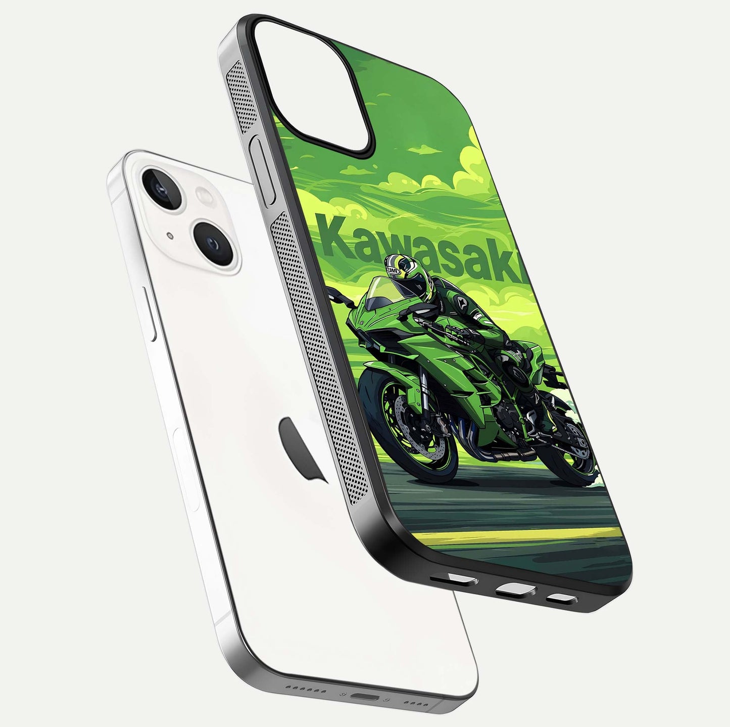 Green Kawasaki Glass Case for iPhone 13 floating dual-view mockup showing gloss surface and power-bike theme