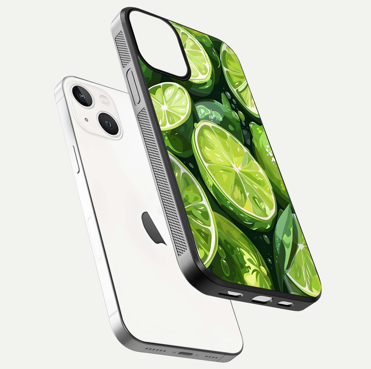 Green Lemon Glass Case for iPhone 13 floating dual-view mockup showing glossy surface and fruity freshness