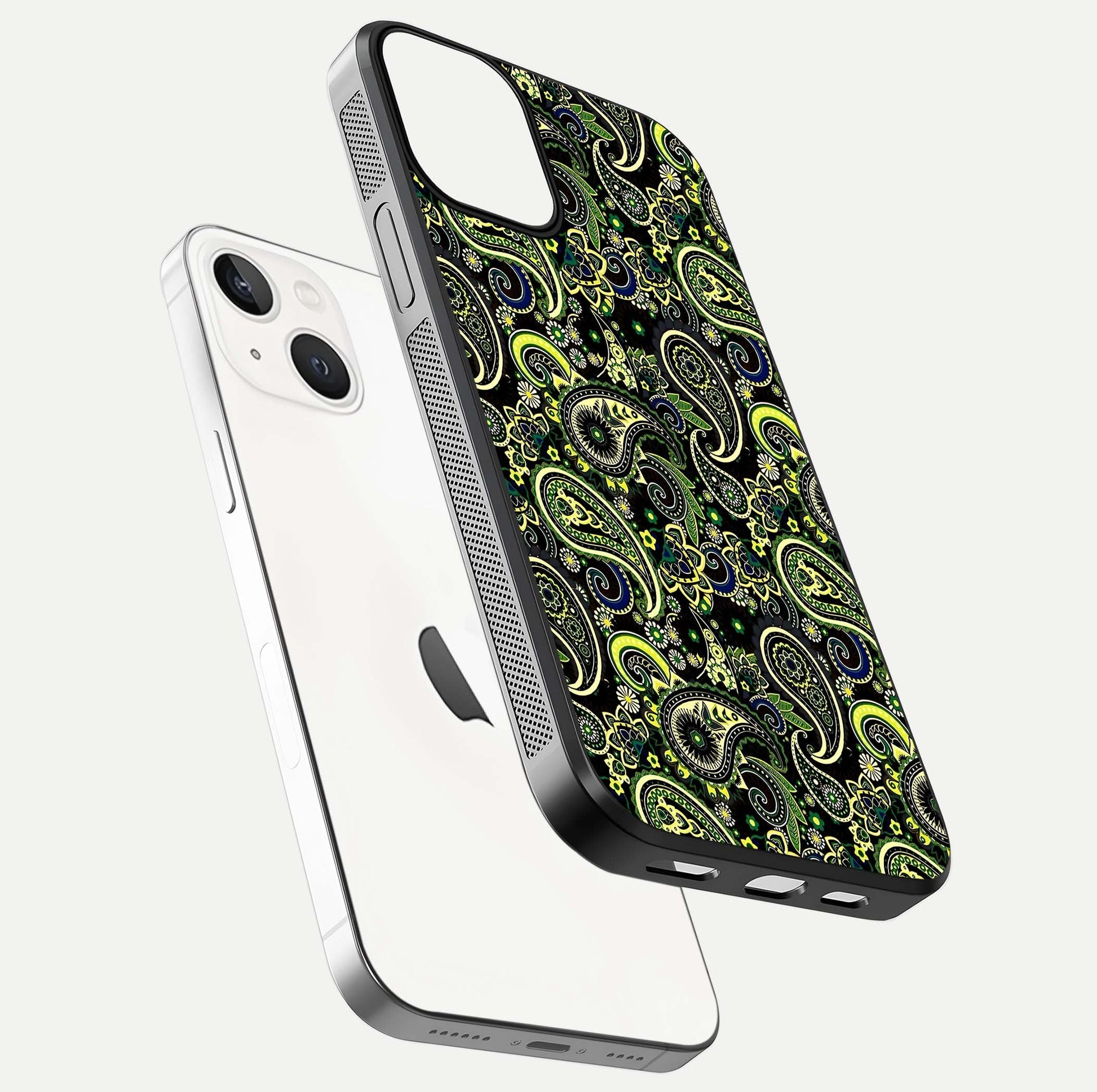 Green Mandala Pattern Glass Case for iPhone 13 floating dual-view mockup showing gloss texture and symmetry shine